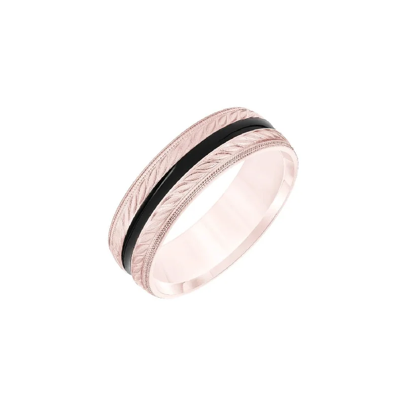 mixed metal engagement rings for women-Black Stripe and Wheat Motif 7mm Band