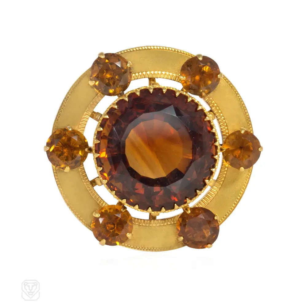 diamond brooches for women-Antique oversized gold and citrine brooch