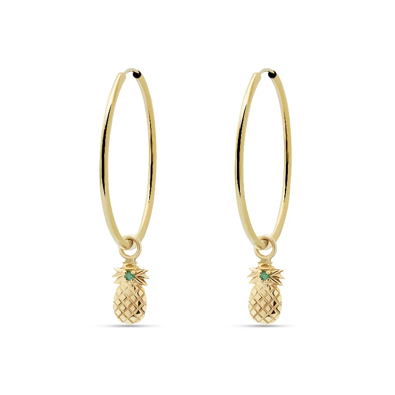 rose gold earrings for women-Pineapple Emerald Hoops - 14 karat gold hoop earring, emerald 0.03ct