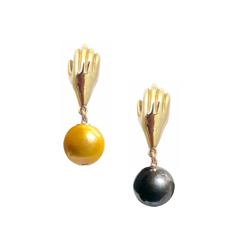 mixed metal earrings for women-Giving Hand Pearl Drop