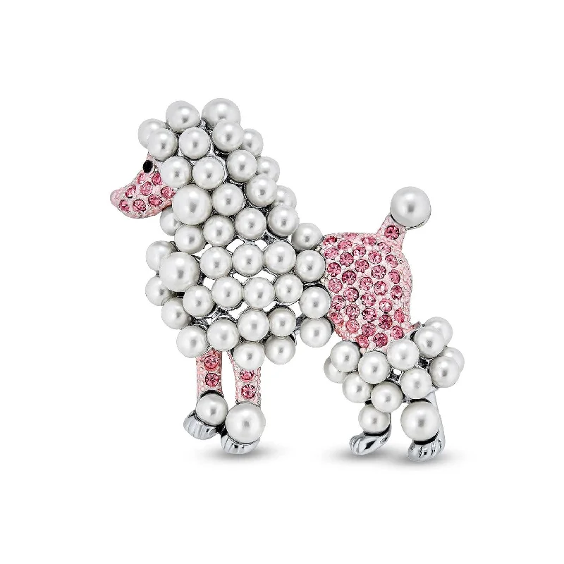 luxury brooches for women-Fashion Crystal White Pearl Pink Poodle Brooche Pin Rhodium Plated Statement