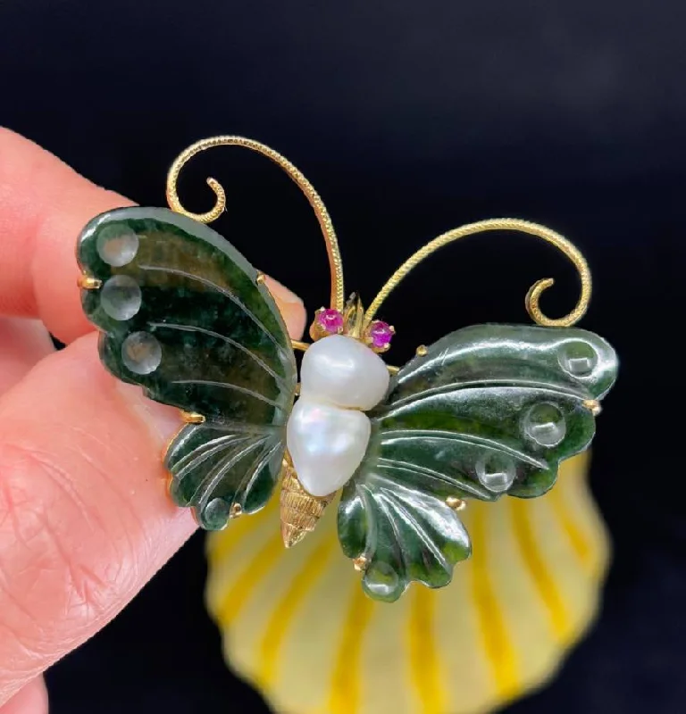 retro brooches for women-Vintage 1960s Gemstone Butterfly Brooch with Baroque Pearl