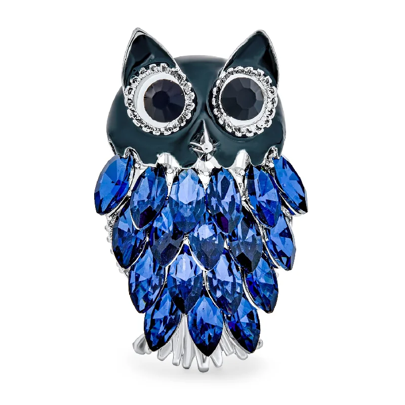 butterfly brooches for women-Lucky Large Fashion 3D Navy Blue Crystal Owl Brooche Pin for Scarves