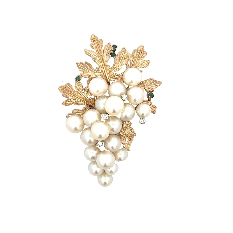 fashionable pearl brooches for women-Vintage 1960s Akoya Cultured Pearl, Emerald and Diamond Brooch