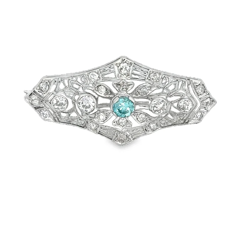 3D brooches for women-Vintage Art Deco Blue Zircon and Diamond Brooch in White Gold