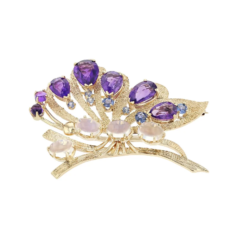 colorful brooches for women-14K Yellow Gold Amethyst, Sapphire and Moonstone Brooch