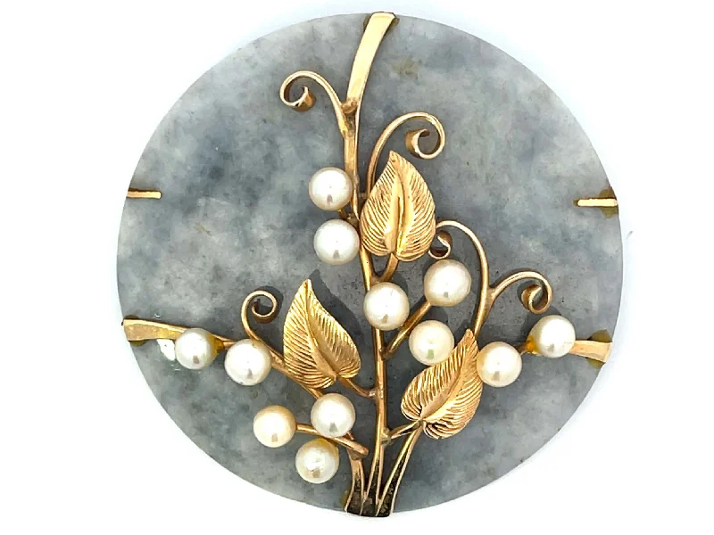 nature brooches for women-Mings Hawaii Mottled Greenish Grey Jade Pearl Leaf Brooch 14k Yellow Gold