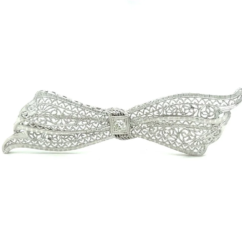 special occasion brooches for women-Estate 14K White Gold 0.07ctw Round Diamond Filigree Bow Brooch