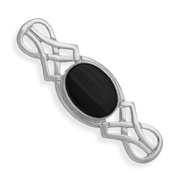 pearl brooches for women-Long Onyx Celtic Knot Work Brooch in Silver