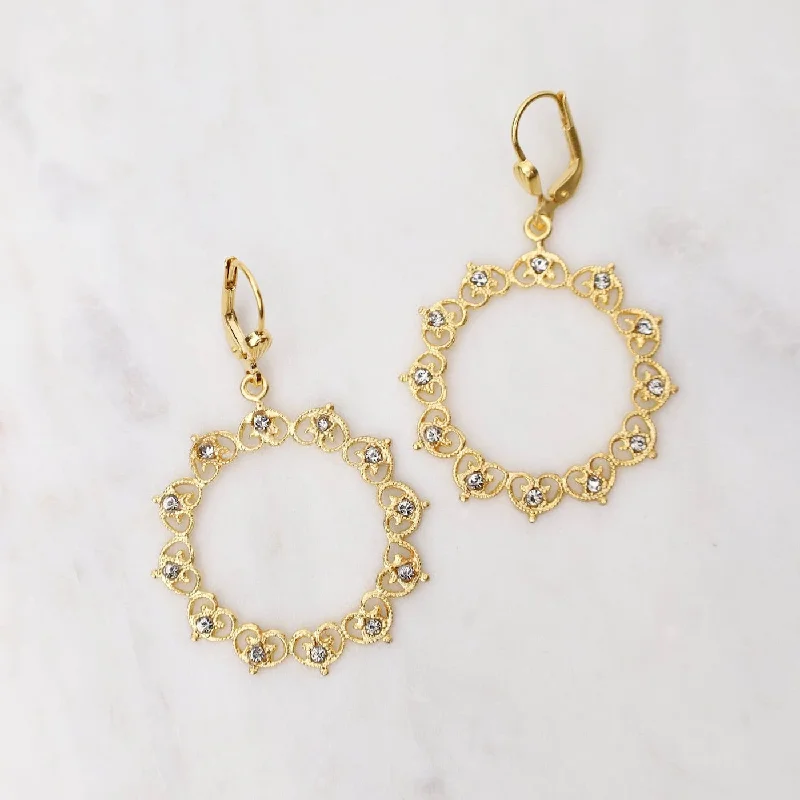 wedding earrings for women-Gold Wreath Earrings - Black Diamond Crystal