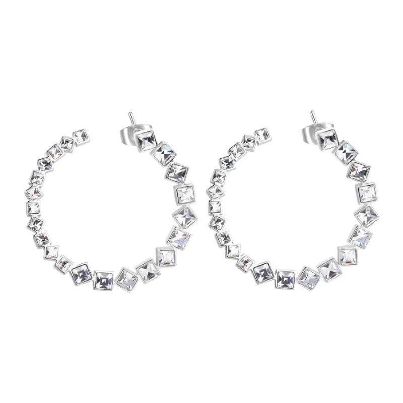 geometric earrings for women-Stainless Steel Hoop Stud Earrings with Clear Crystals