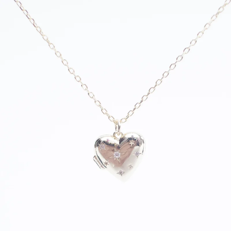 layered gold necklaces for women-Gold Vermeil Small Heart Locket with Cubic Starbursts