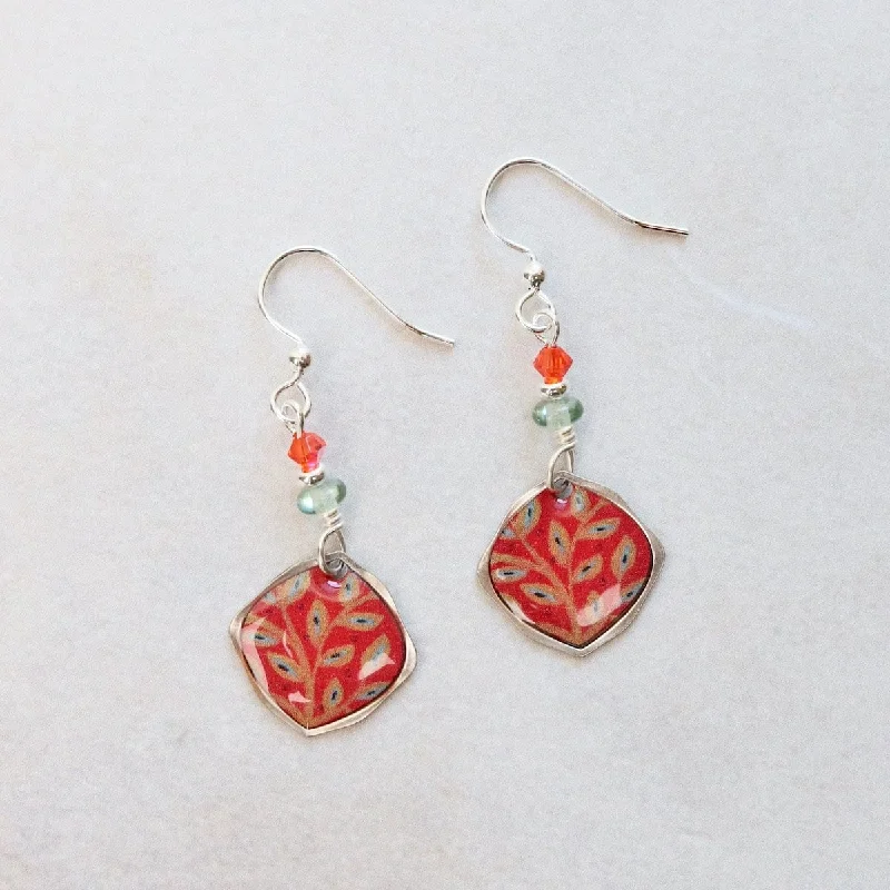 trendy earrings for women-Round Leaf Pattern Earrings with Tangerine Background & Beads