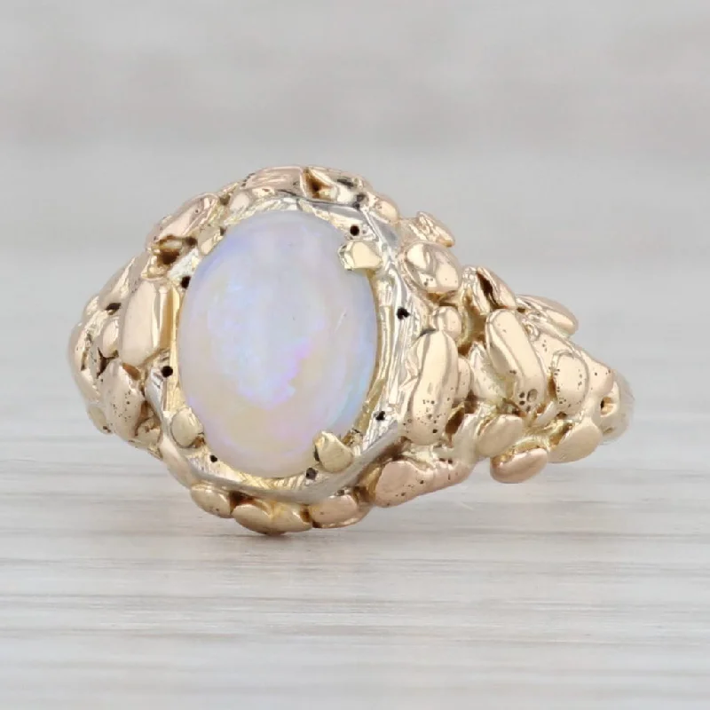 vintage engagement rings for women-Vintage Opal Gold Nugget Ring 14k Yellow Gold Size 4.75 Oval Cabochon Solitaire