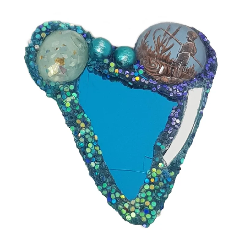 colorful enamel brooches for women-TURQUOISE HEART BROOCH WITH PICTURE BEAD