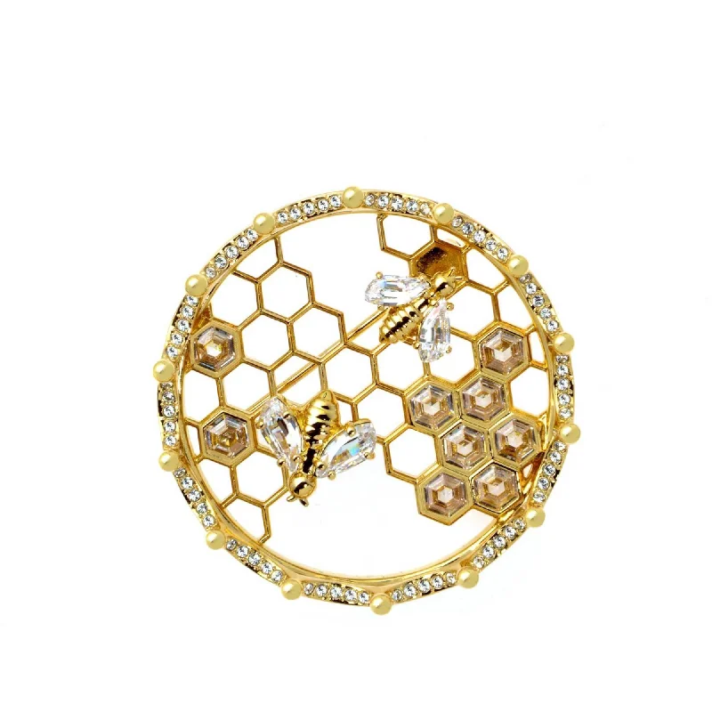 gold brooches for women-Swarovski Women's Brooch - Bee A Queen Yellow Gold White Crystal Honeycomb | 5501079