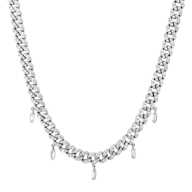 crystal pendant necklaces for women-Pave curb chain with baguette drops