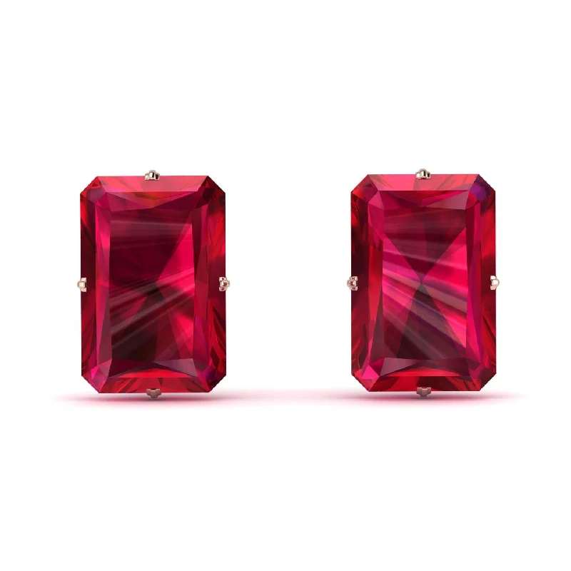 sparkly earrings for women-Hidden Halo Emerald Cut Ruby Earrings  - Vanessa No. 26