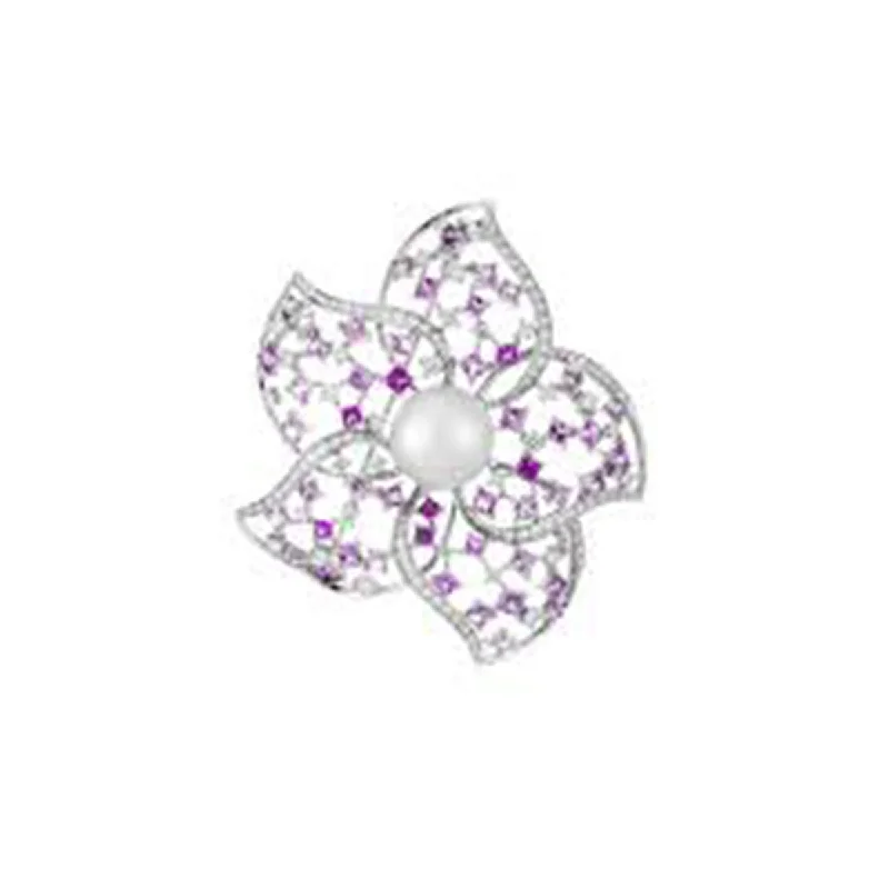 brooches for jackets-South Sea Pearl, Diamond and Pink Sapphire Flower Brooch