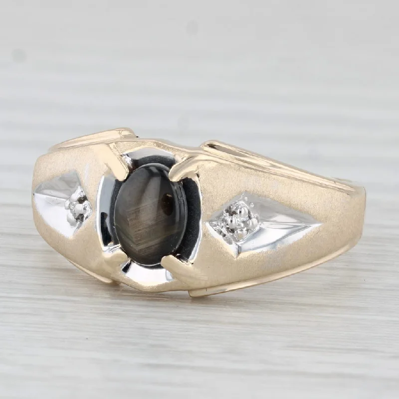 trendy engagement rings for women-Black Star Sapphire Diamond Men's Ring 10k Yellow Gold Size 12