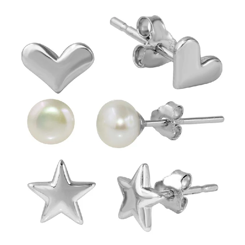 trendy hoop earrings for women-Rhodium Plated 925 Sterling Silver Plain Star Plain Heart and Fresh Water Pearl Stud Set - STES00003