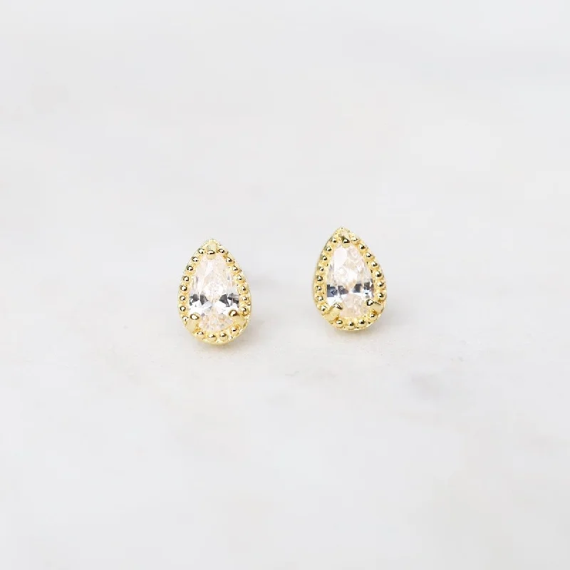 tribal earrings for women-Gold Vermeil Milgrain Edge Pear CZ Stud Earrings