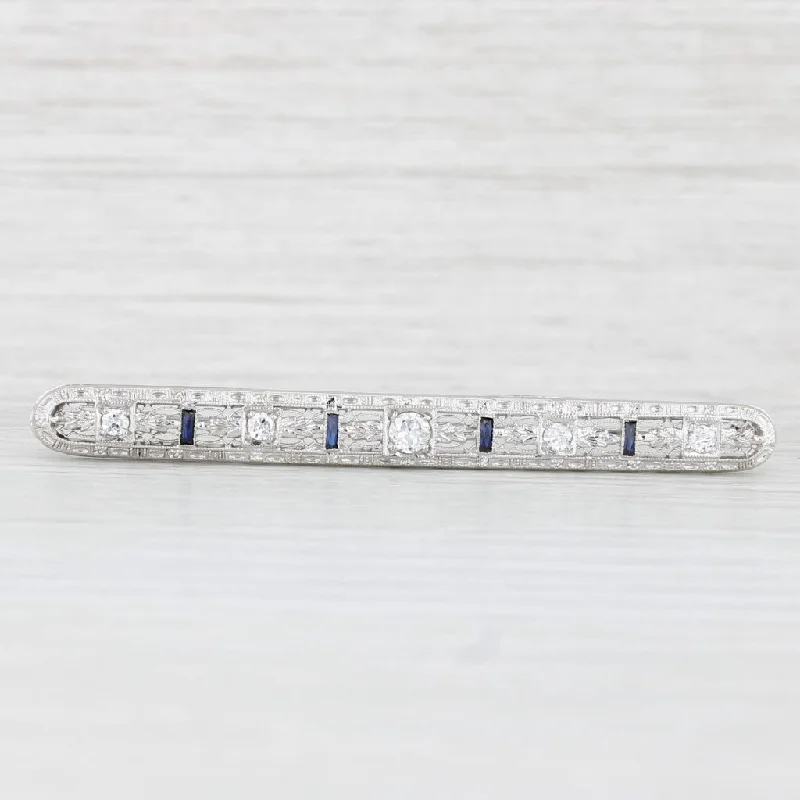 simple engagement rings for women-Art Deco 0.44ctw Diamond Lab Created Sapphire 14k Gold Filigree Bar Pin