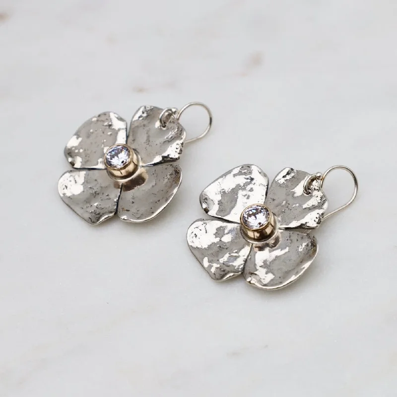 abstract earrings for women-Large Petal Flower with CZ Center & 14k Gold Bezel Earrings