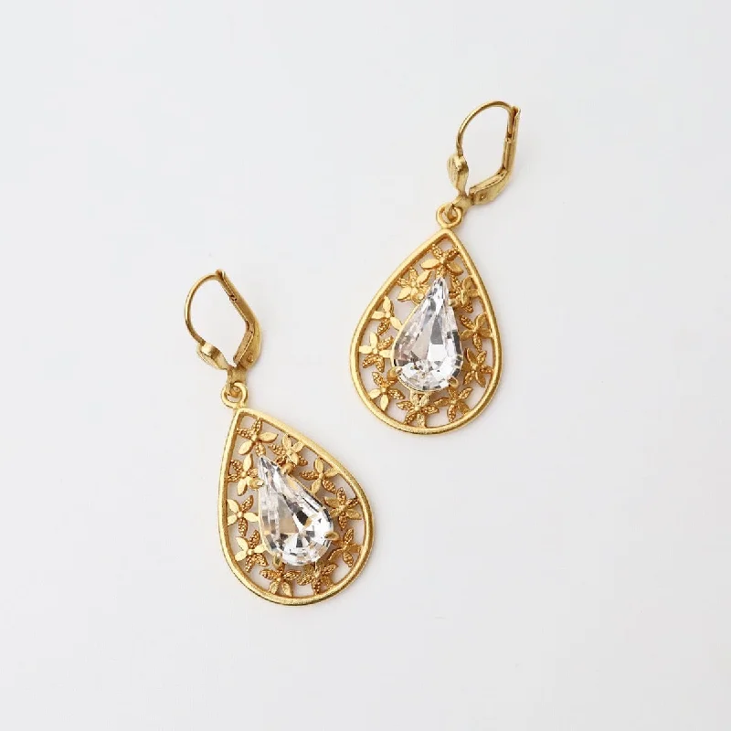 geometric earrings for women-Teardrop Crystal Earrings - Gold Plate