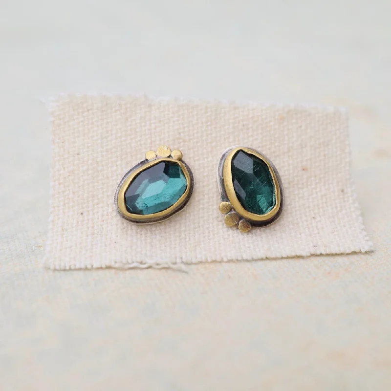 flower stud earrings for women-Blue-Green Tourmaline Stud Earrings