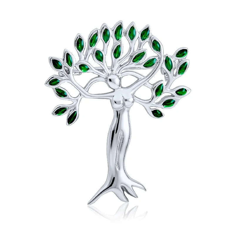 silk brooches for women-Native American Style Green Leaves Tree Of Life Brooche Pin in Sterling Silver