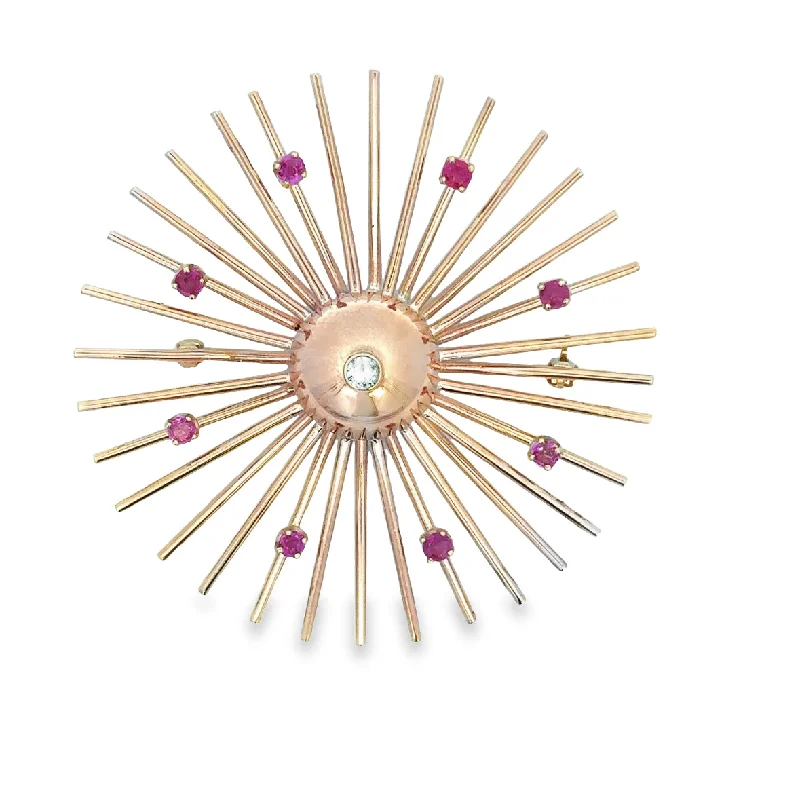 handmade gemstone brooches for women-Vintage Retro 1940s Ruby and Diamond Sunburst Brooch in Rose Gold