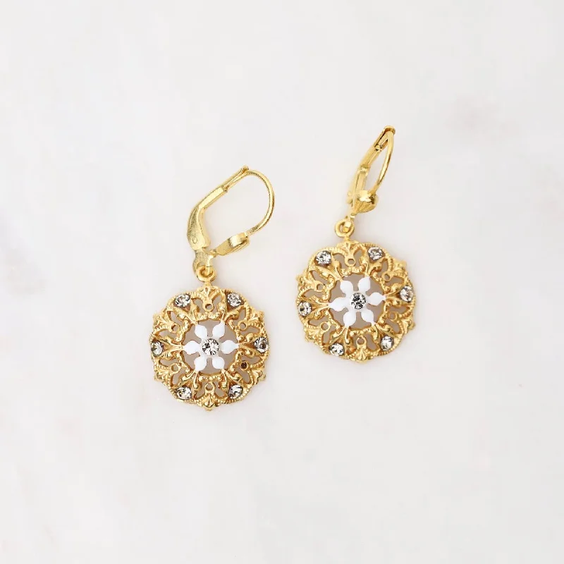 bohemian earrings for women-Gold Filigree Earrings with White Enamel Flower & Crystals