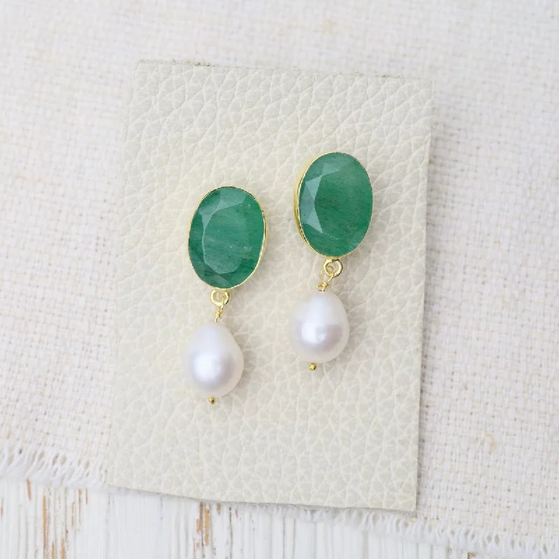 colorful earrings for women-Pearl and Green Aventurine Earrings