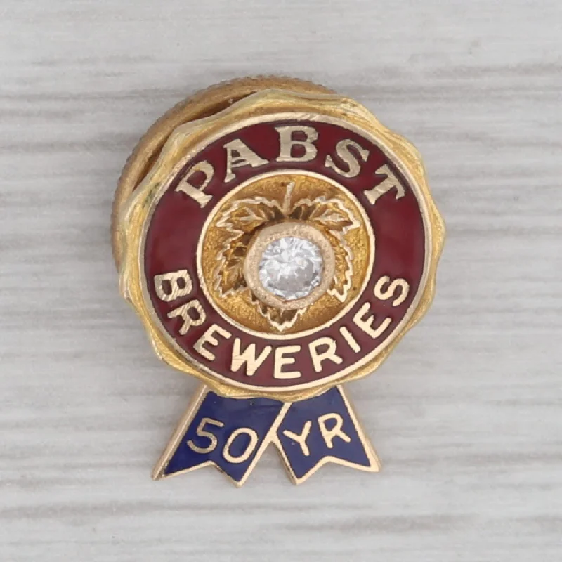 mixed metal engagement rings for women-Vintage Pabst Blue Ribbon 50 Year Service Pin Diamond 14k Gold Enamel Lapel