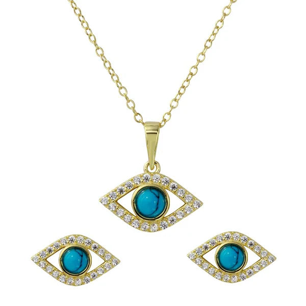 multi-layered necklaces for women-Gold Plated 925 Sterling Silver Evil Eye Set with Turquoise Bead and CZ