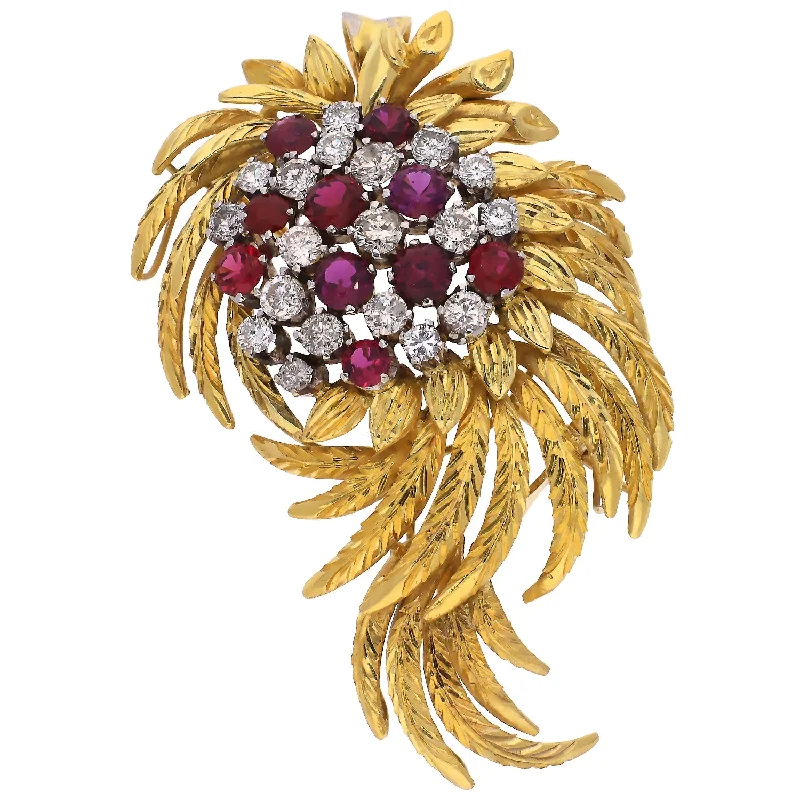 colorful flower brooches for women-14K Yellow Gold Diamond and Ruby Pendant/Brooch