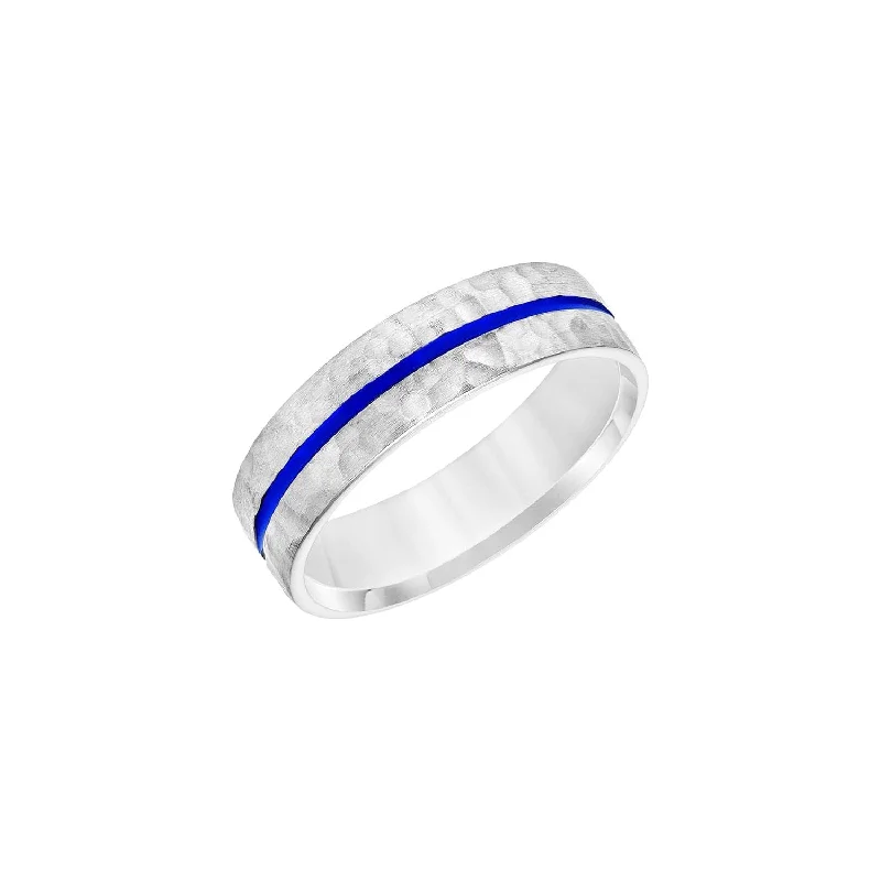 hand-crafted engagement rings for women-Hammered Finish with Blue Stripe 6mm Band