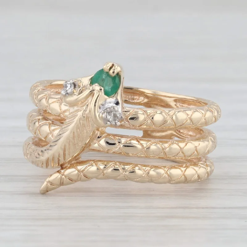 elegant engagement rings for women-Vintage Richard Klein Coiled Snake Ring Emerald Diamond 10k Yellow Gold Size 6