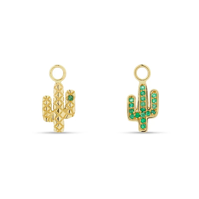 birthstone earrings for women-Cactus Emerald Charms for Hoops - 14 karat gold, emerald gemstone 0.3ct