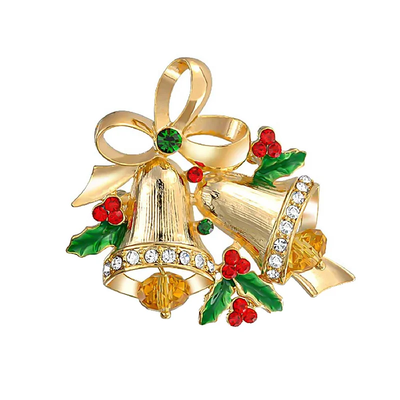 luxury floral brooches for women-Large Fashion Statement Crystal Holiday Holly Christmas Bells Brooche Pin Gold Plated