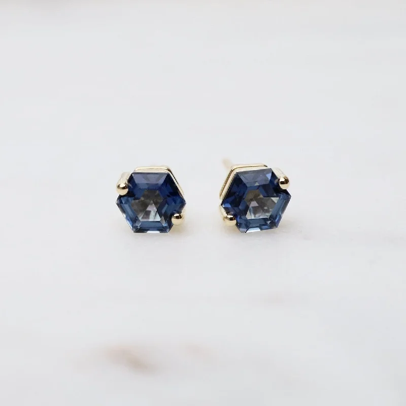 crystal earrings for women-Hexagon English Blue Topaz Post Earrings