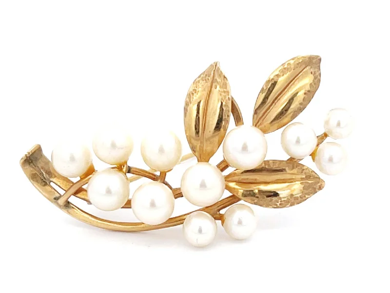 casual brooches for women-Mings Akoya Pearl and Leaf Branch Brooch in 14k Yellow Gold