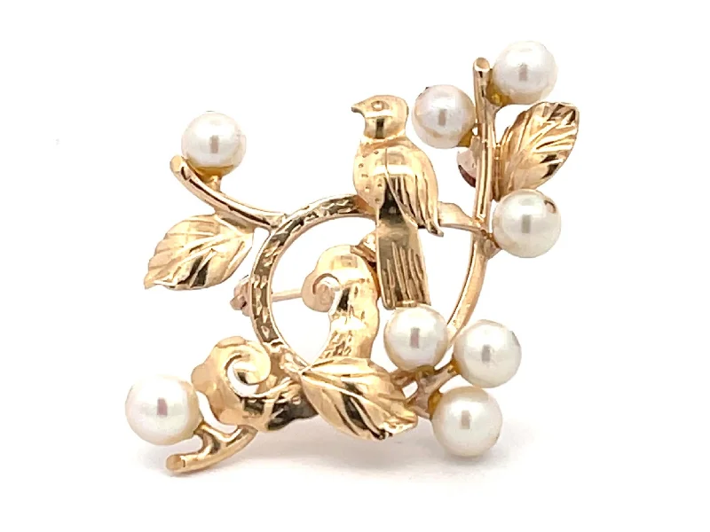 statement brooches for women-Mings Bird on a Plum Pearl Brooch in 14k Yellow Gold