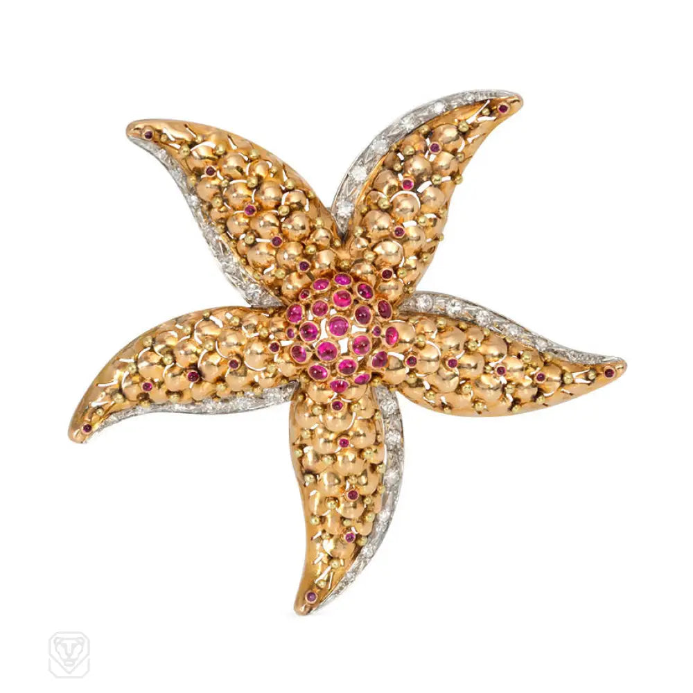 vintage rhinestone brooches for women-Retro ruby and diamond starfish brooch