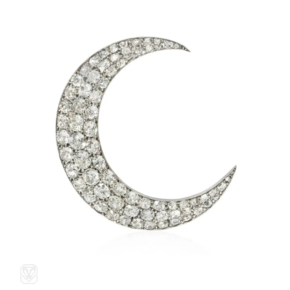 gold brooches for women-Antique diamond crescent moon brooch