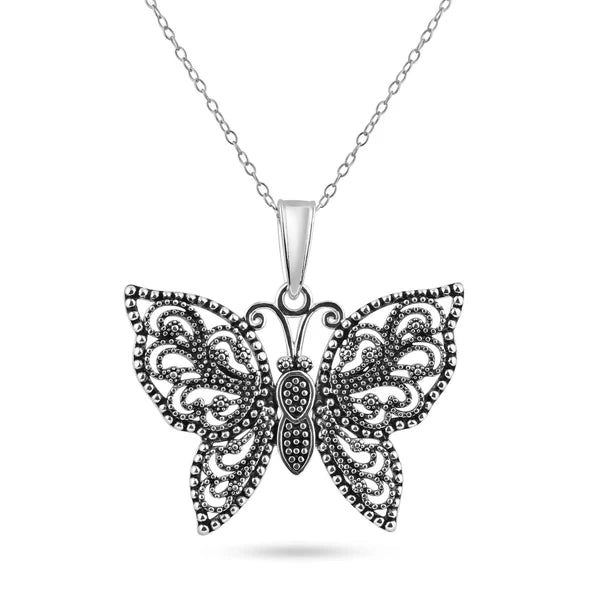 floral necklaces for women-Oxidized 925 Sterling Silver Beaded Butterfly Pendant