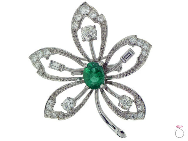 long pin brooches for women-Victorian 2.10ct Emerald 1.75ctw Diamond Flower Brooch in Platinum