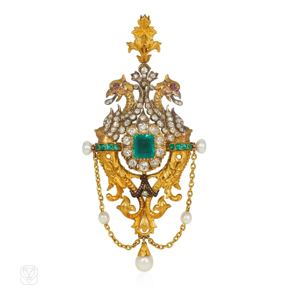 retro brooches for women-Victorian emerald, pearl and diamond griffin pendant/brooch