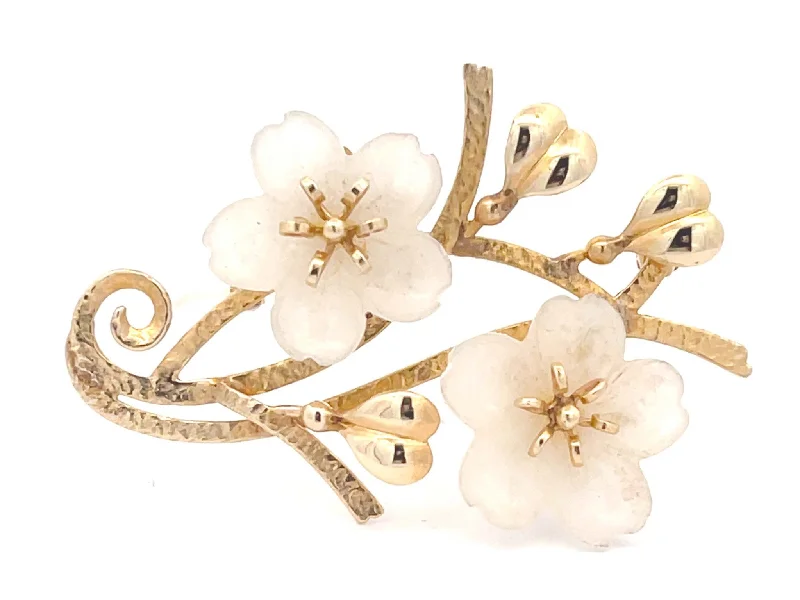 chic brooches for women-Mings Carved White Jade Flower Brooch in 14k Yellow Gold